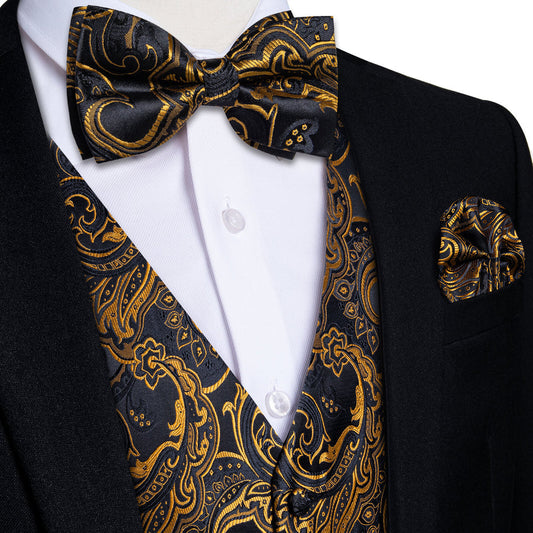Black Gold Woven Floral Silk Suit Bowtie Vest Set vest set S (Chest 40")   - Sophisticated Gentlemen