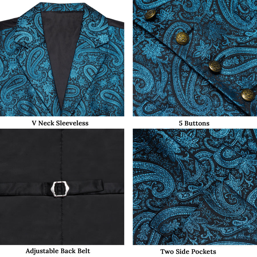 Lake Blue Paisley Jacquard Silk Men's Bowtie Vest Set vest set - Sophisticated Gentlemen