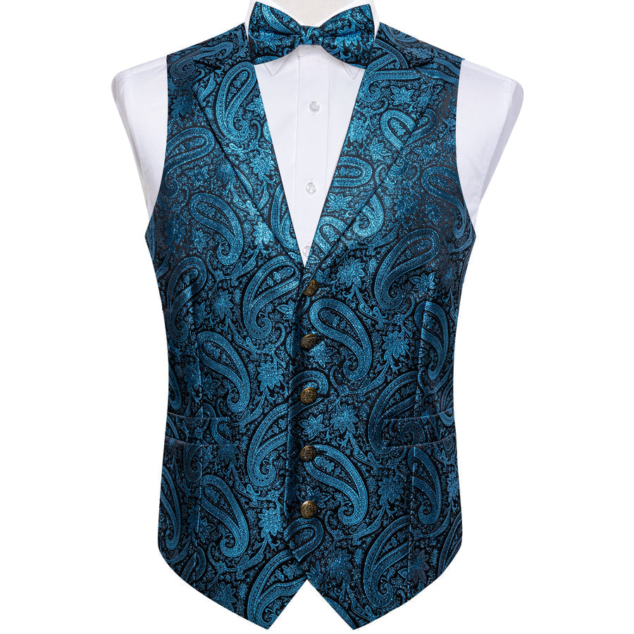 Lake Blue Paisley Jacquard Silk Men's Bowtie Vest Set vest set - Sophisticated Gentlemen