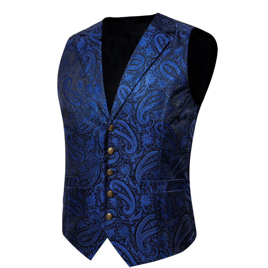 Navy Blue Paisley Jacquard Silk Vest Set vest set - Sophisticated Gentlemen