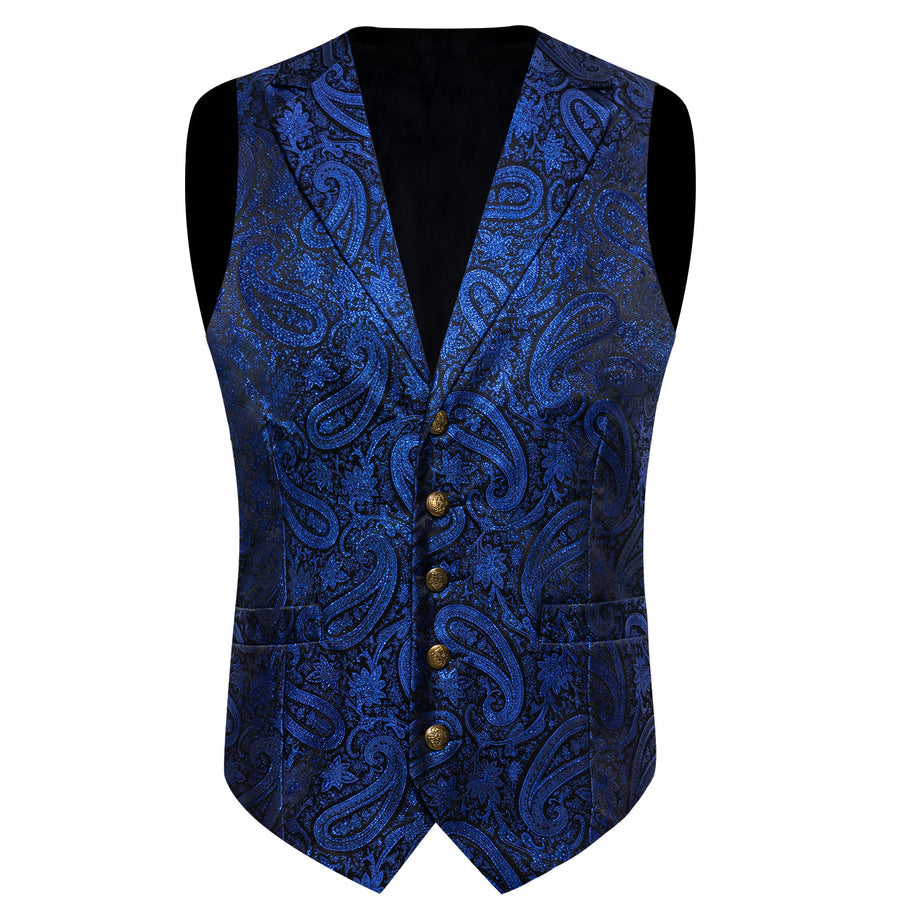 Navy Blue Paisley Jacquard Silk Vest Set vest set - Sophisticated Gentlemen