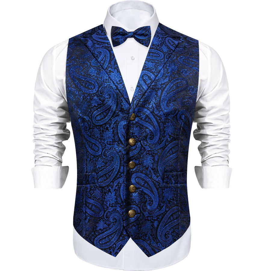 Navy Blue Paisley Jacquard Silk Vest Set vest set - Sophisticated Gentlemen