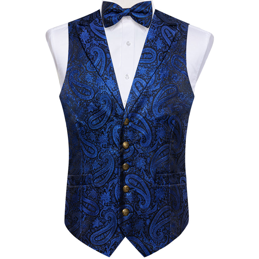 Navy Blue Paisley Jacquard Silk Vest Set vest set - Sophisticated Gentlemen