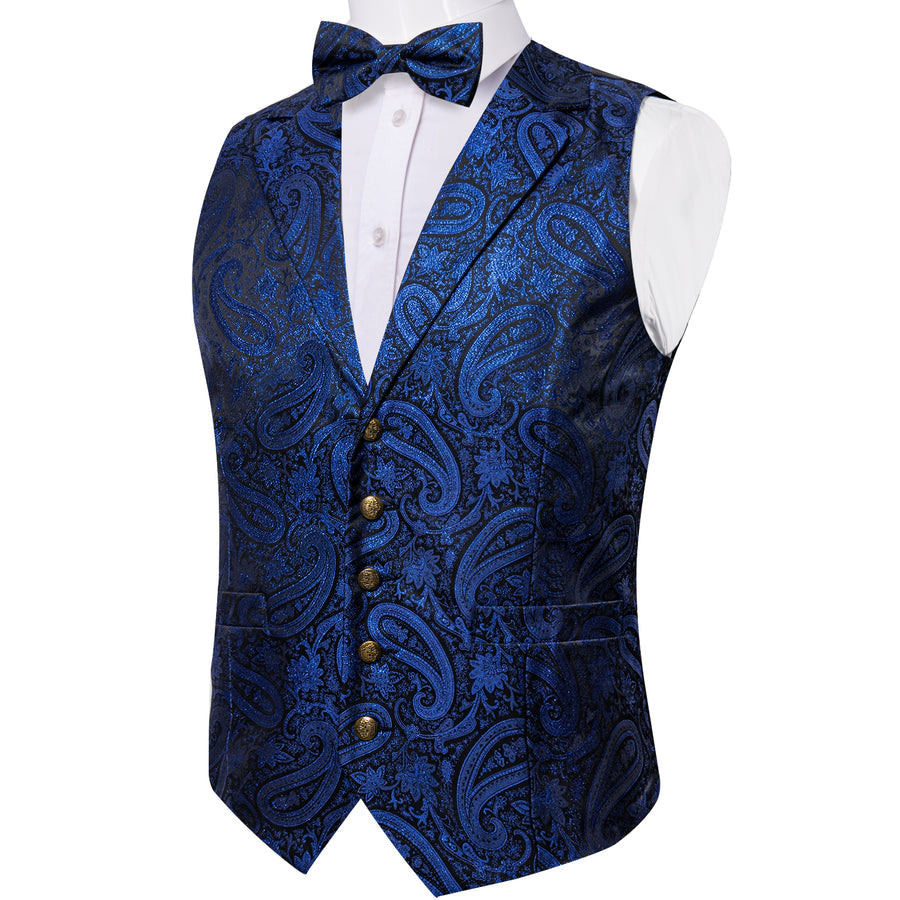 Navy Blue Paisley Jacquard Silk Vest Set vest set - Sophisticated Gentlemen