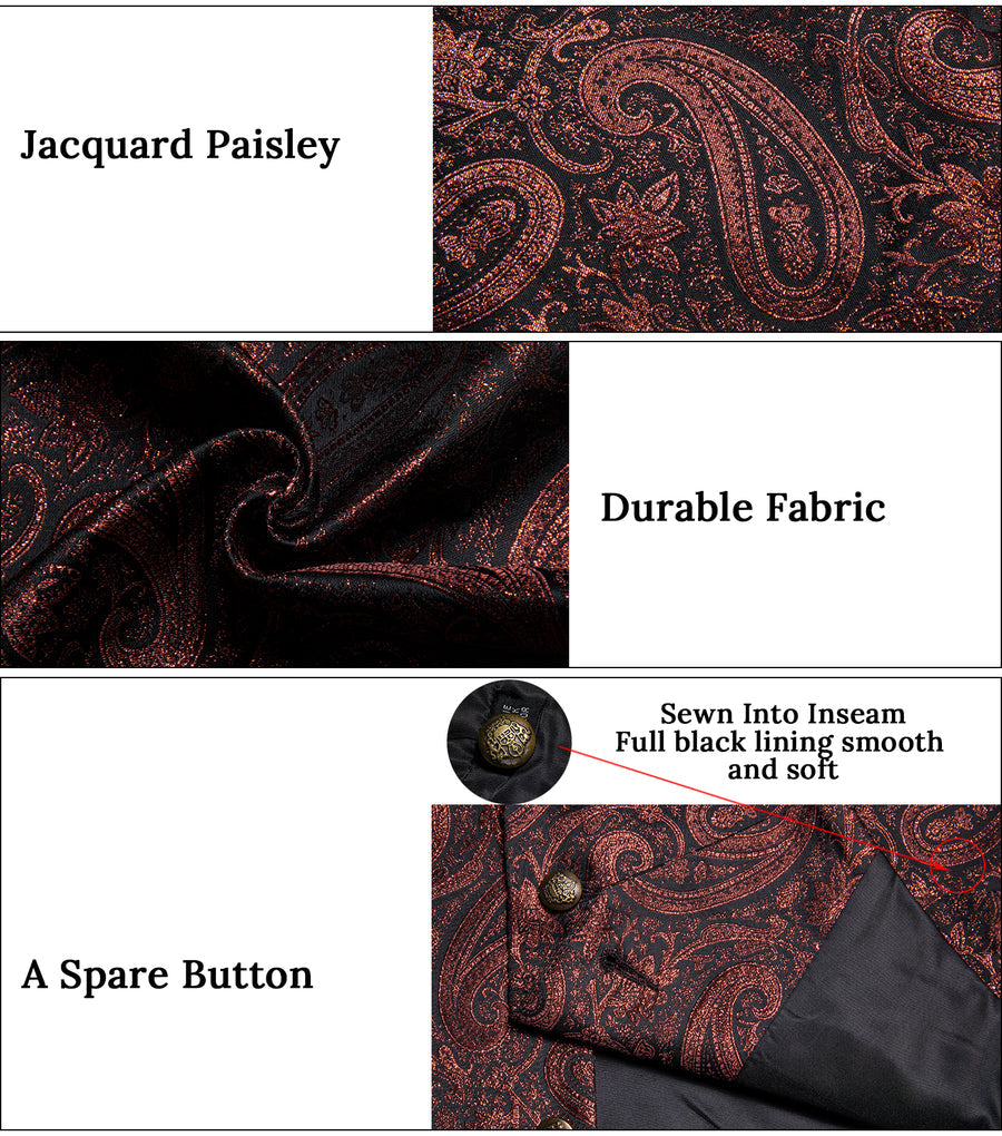 Brown Red Paisley Jacquard Silk Men's Collar Bowtie Vest Set vest set - Sophisticated Gentlemen