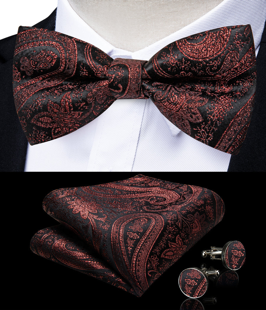 Brown Red Paisley Jacquard Silk Men's Collar Bowtie Vest Set vest set - Sophisticated Gentlemen