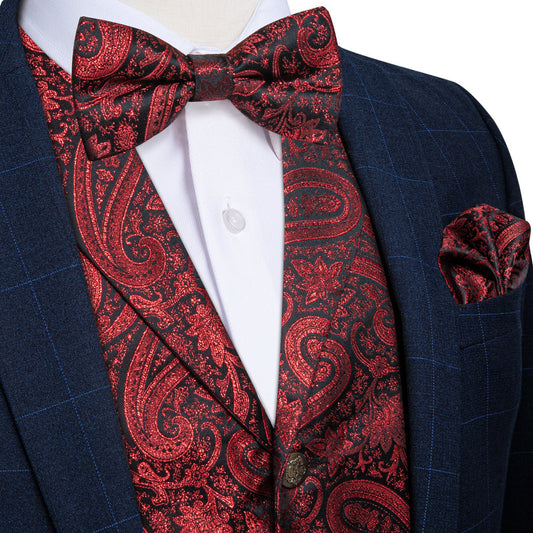 Black Red Paisley Jacquard Silk Men's Collar Bowtie Vest Set vest set S (Chest 40")   - Sophisticated Gentlemen