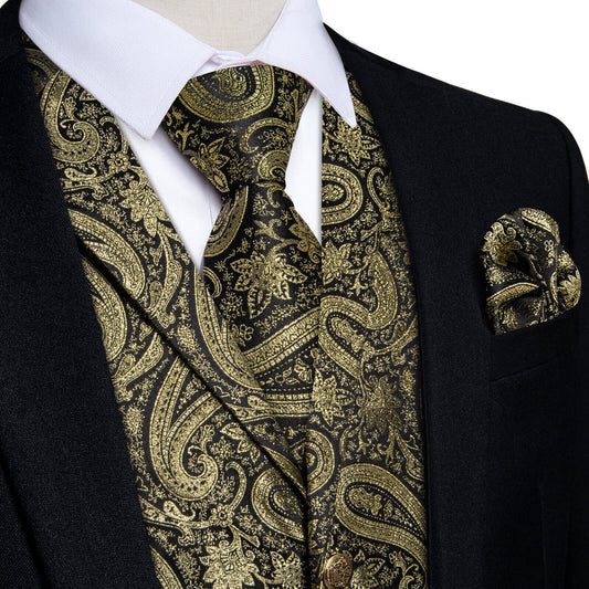 Gold Jacquard Paisley Silk Vest Set vest set S (Chest 40")   - Sophisticated Gentlemen