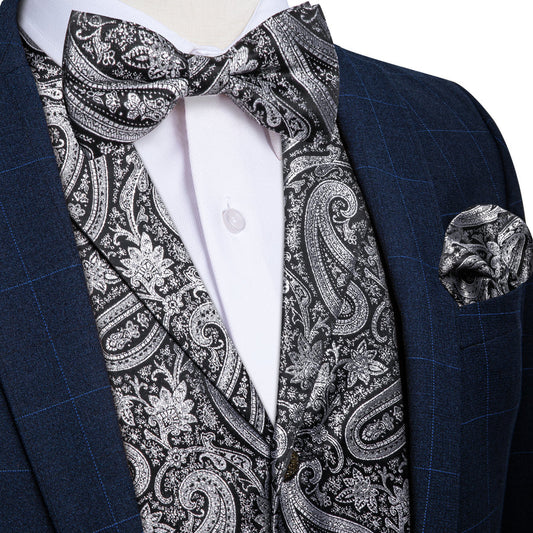 Black Gray Paisley Jacquard Silk Men's Collar Bowtie Vest Set vest set S (Chest 40")   - Sophisticated Gentlemen
