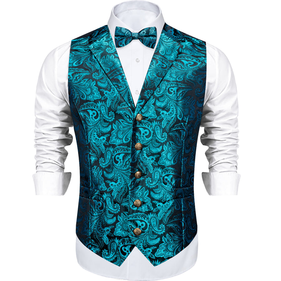 Lake Blue Paisley Silk Men's Bowtie Vest Set vest set    - Sophisticated Gentlemen