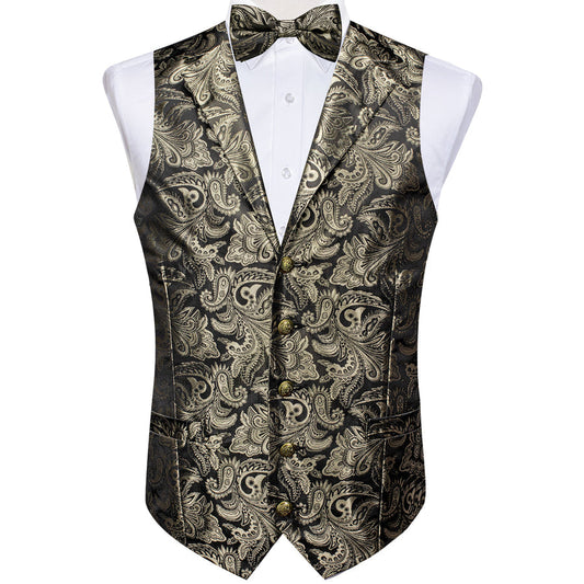 Gray Brown Paisley Silk Men's Collar Bowtie Vest Set vest set S (Chest 40")   - Sophisticated Gentlemen