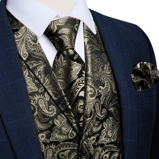 Gray Brown Paisley Men's Collar Vest Set vest set S (Chest 40")   - Sophisticated Gentlemen