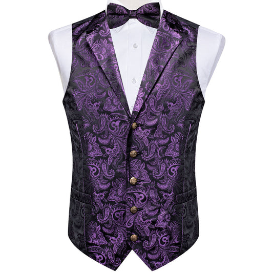 Dark Purple Paisley Silk Men's Collar Bowtie Vest Set vest set S (Chest 40")   - Sophisticated Gentlemen