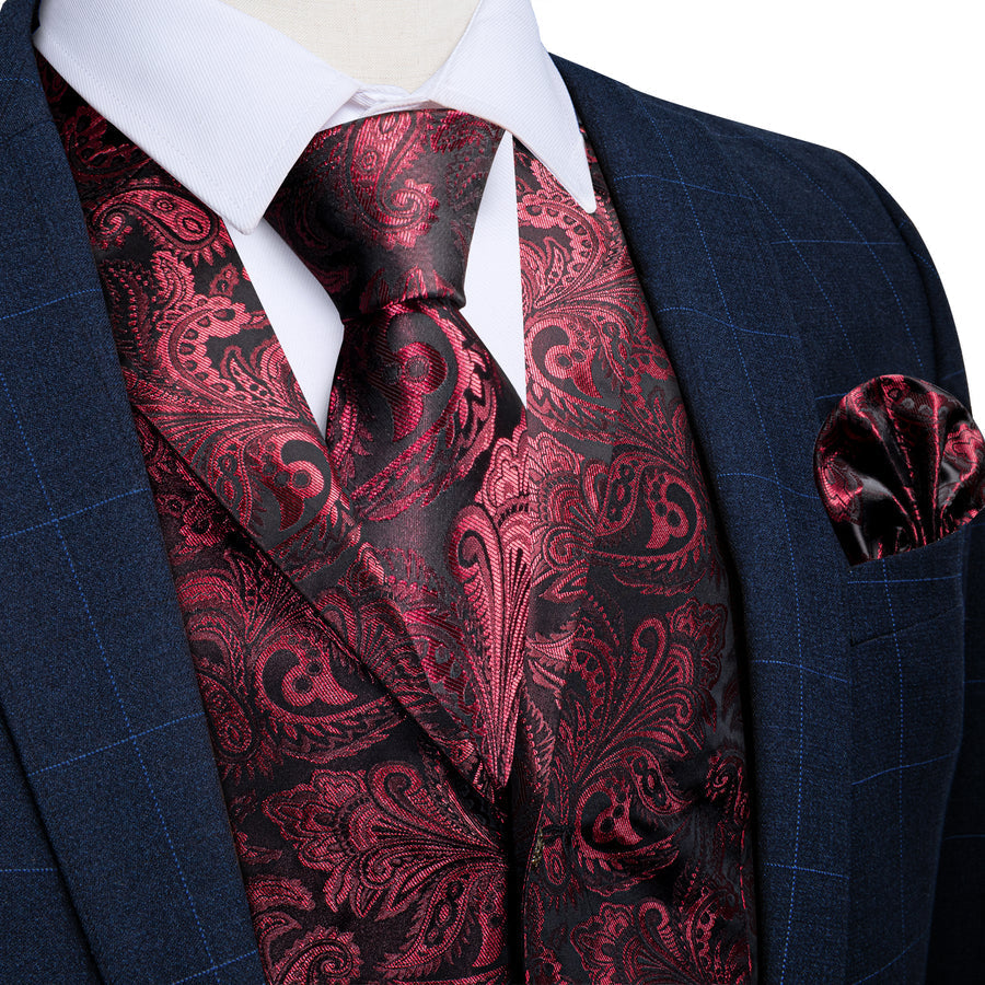 Burgundy Red Paisley Men's Collar Vest Set vest set S (Chest 40") - Sophisticated Gentlemen