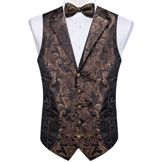 Dark Brown Paisley Silk Men's Collar Bowtie Vest Set vest set S (Chest 40")   - Sophisticated Gentlemen