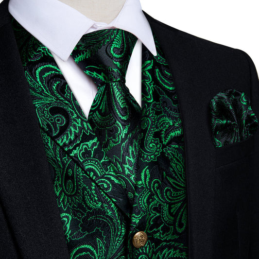 Black Dark Green Paisley Men's Collar Vest Set vest set S (Chest 40")   - Sophisticated Gentlemen