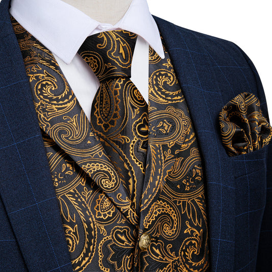 Black Golden Yellow Paisley Men's Collar Vest Set vest set S (Chest 40")   - Sophisticated Gentlemen