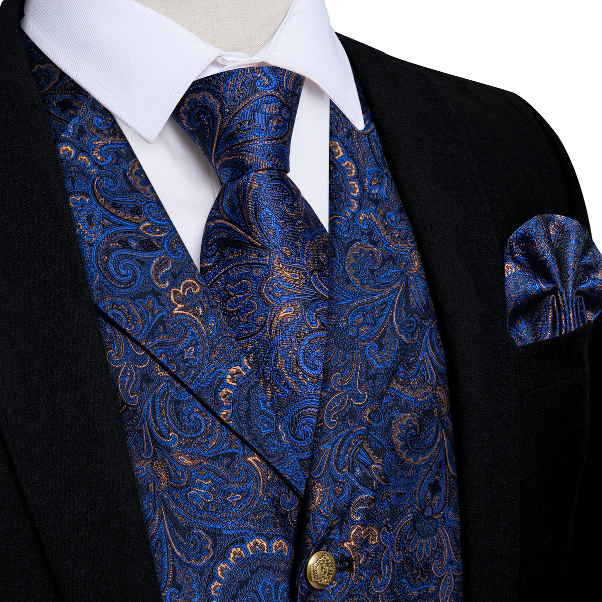 Radiant Blue Paisley Vest Set with Matching Necktie, Hanky, and Cufflinks vest set S (Chest 40)   - Sophisticated Gentlemen