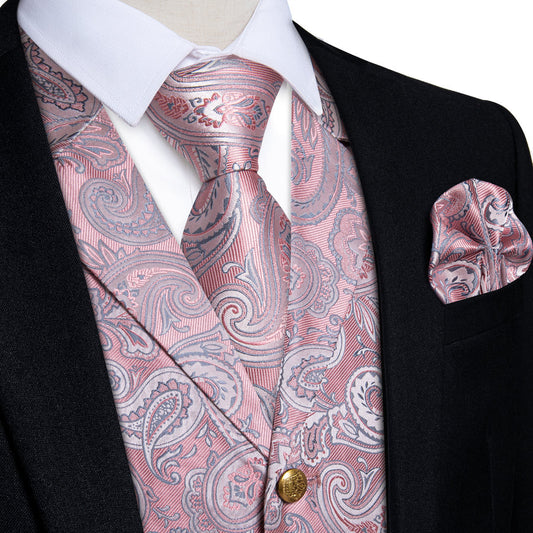 Pink Paisley Men's Collar Vest Set vest set S (Chest 40")   - Sophisticated Gentlemen