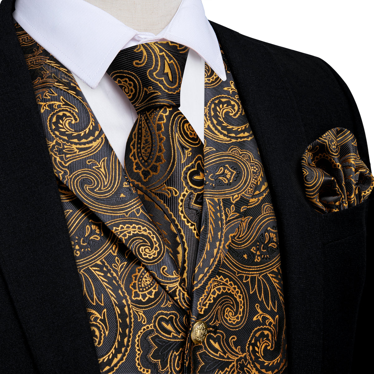 Gold and Black Paisley Jacquard Vest Set vest set S (Chest 40) - Sophisticated Gentlemen