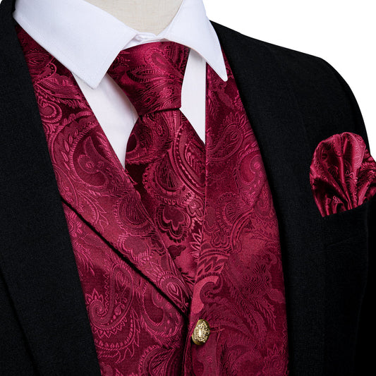 Burgundy Red Luxury Paisley Jacquard Men's Collar Vest Set vest set S (Chest 40")   - Sophisticated Gentlemen