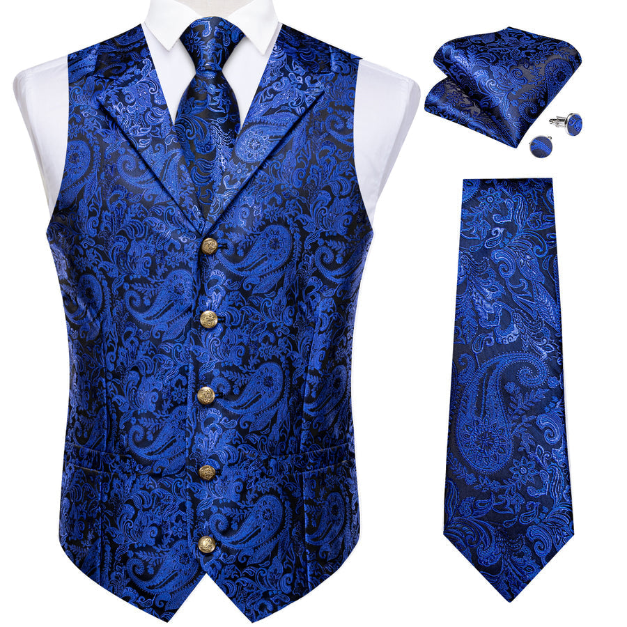 Royal Blue Luxury Paisley Jacquard Men's Collar Vest Set vest set - Sophisticated Gentlemen