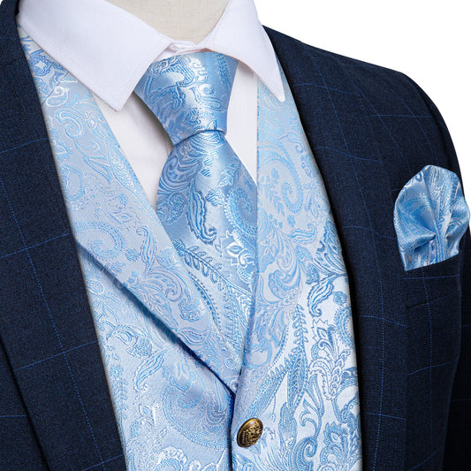 Sky Blue Luxury Paisley Collar Vest Set - 4 Piece vest set S (Chest 40")   - Sophisticated Gentlemen