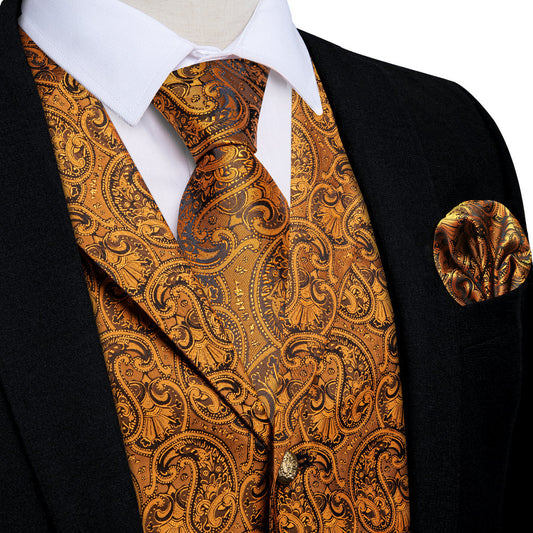 Golden Luxury Paisley Jacquard Men's Collar Vest Set vest set S (Chest 40")   - Sophisticated Gentlemen