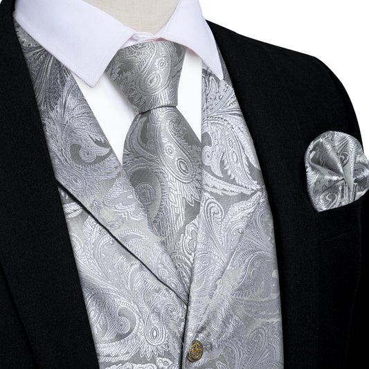 Silver Luxury Paisley Jacquard Men's Vest Set vest set S (Chest 40")   - Sophisticated Gentlemen