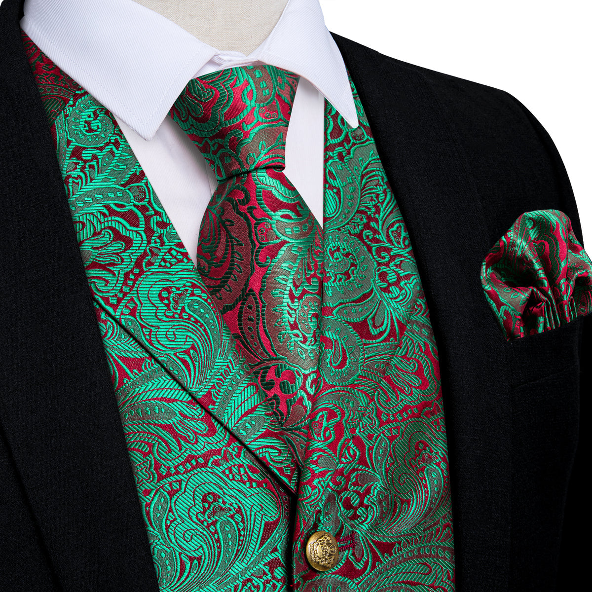 Green and Red Paisley Jacquard Vest Set vest set S (Chest 40) - Sophisticated Gentlemen
