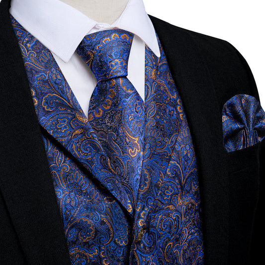 Dark Blue Yellow Luxury Paisley Jacquard Men's Vest Set vest set S (Chest 40")   - Sophisticated Gentlemen