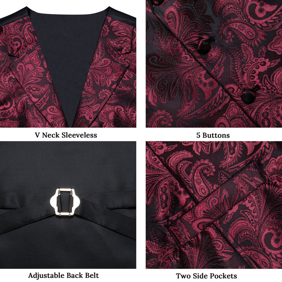 Burgundy Red Luxury Paisley Jacquard Men's Collar Vest Set vest set - Sophisticated Gentlemen