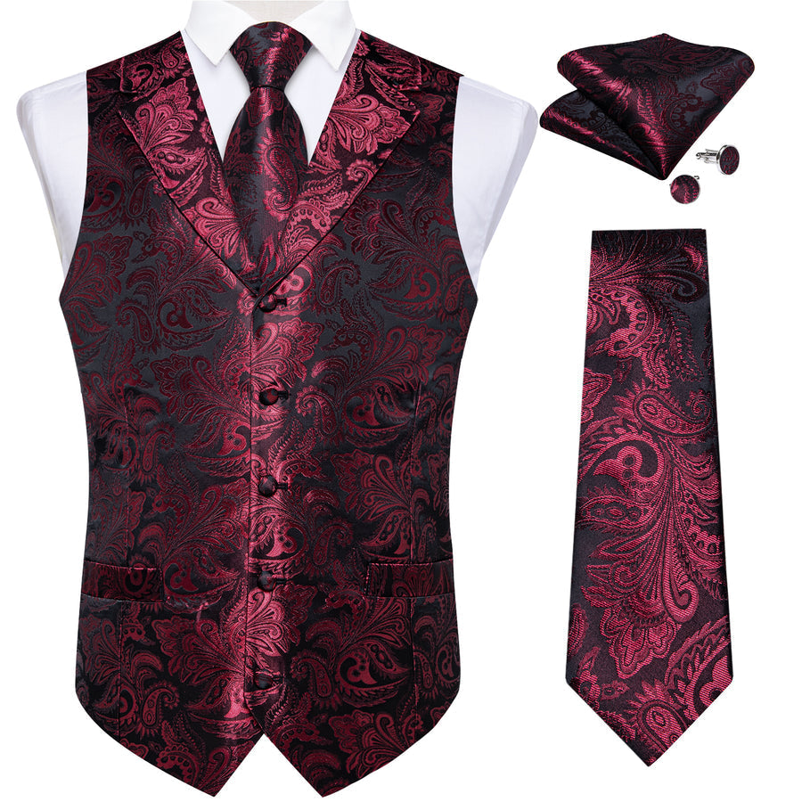 Burgundy Red Luxury Paisley Jacquard Men's Collar Vest Set vest set - Sophisticated Gentlemen