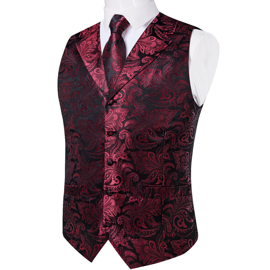 Burgundy Red Luxury Paisley Jacquard Men's Collar Vest Set vest set - Sophisticated Gentlemen