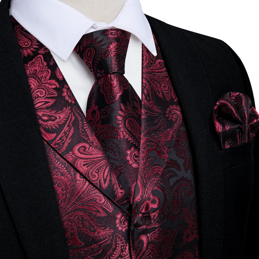Burgundy Red Luxury Paisley Jacquard Men's Collar Vest Set vest set S (Chest 40") - Sophisticated Gentlemen