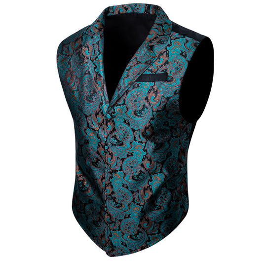 Black Lake Green Paisley Jacquard Men's Collar Victorian Suit Vest Set vest set S (Chest 40")   - Sophisticated Gentlemen