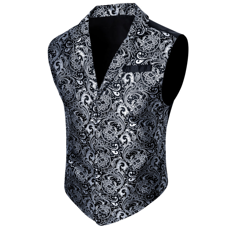Black White Paisley Jacquard Men's Collar Victorian Vest Set vest set S (Chest 40") - Sophisticated Gentlemen