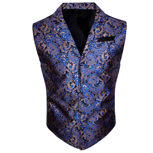 Black Blue Paisley Jacquard Men's Collar Victorian Suit Vest Set vest set S (Chest 40")   - Sophisticated Gentlemen