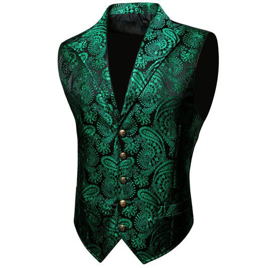 Green Black Paisley Jacquard Men's Collar Suit Vest Set vest set S (Chest 40")   - Sophisticated Gentlemen