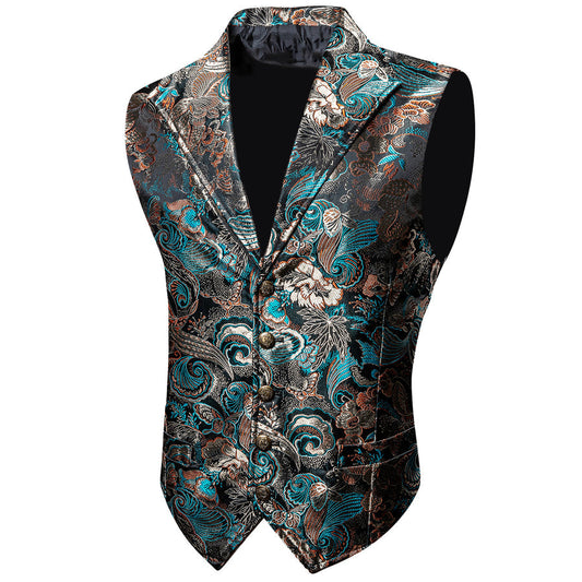 Black Champagne Blue Floral Jacquard Men's Collar Vest Set vest set S (Chest 40")   - Sophisticated Gentlemen