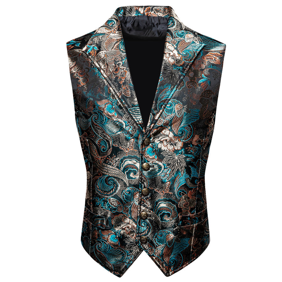Black Champagne Blue Floral Jacquard Men's Collar Vest Set vest set - Sophisticated Gentlemen
