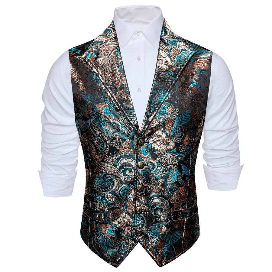Black Champagne Blue Floral Jacquard Men's Collar Vest Set vest set - Sophisticated Gentlemen