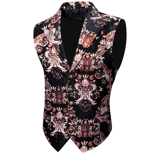 Black Pink Red Floral Jacquard Men's Collar Vest Set vest set S (Chest 40")   - Sophisticated Gentlemen