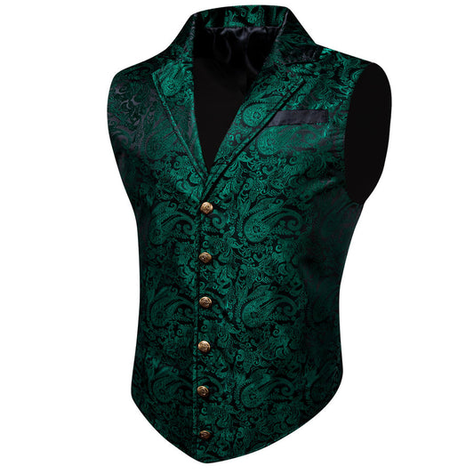 Dark Green Floral Jacquard Men's Collar Suit Vest Set vest set S (Chest 40")   - Sophisticated Gentlemen