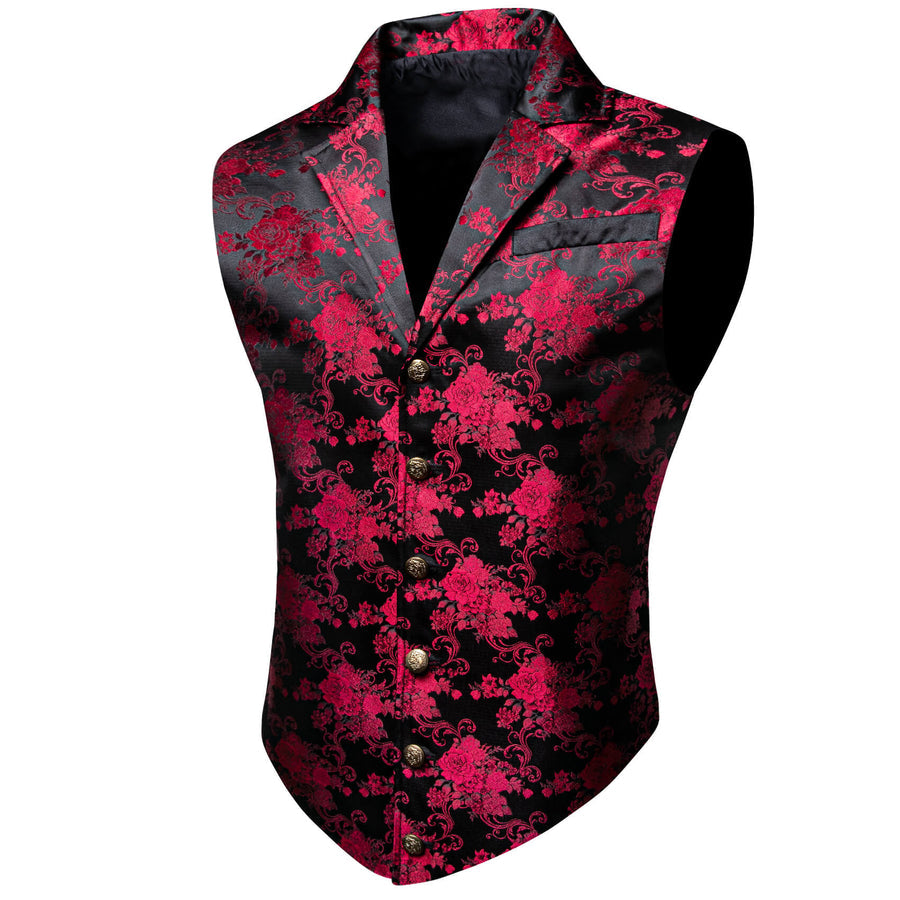 Red Jacquard Floral Silk Notch Collar Vest Set vest set - Sophisticated Gentlemen