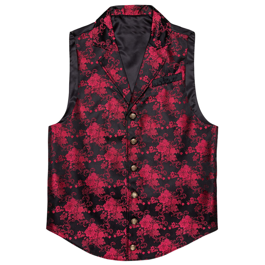 Red Jacquard Floral Silk Notch Collar Vest Set vest set - Sophisticated Gentlemen