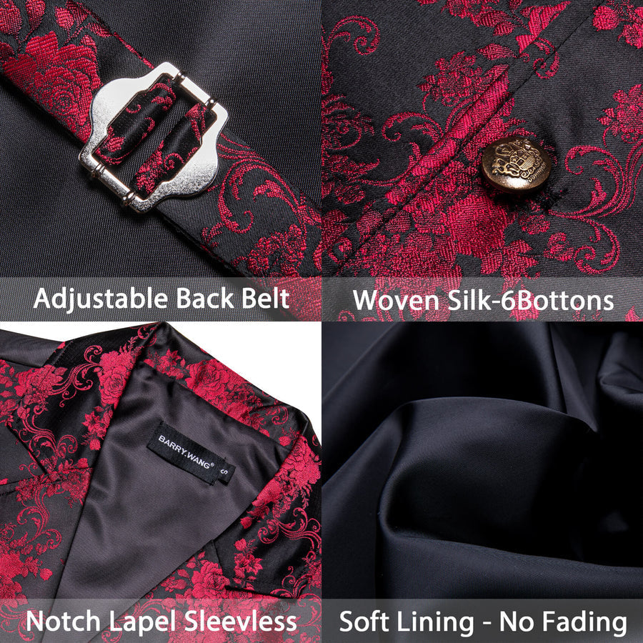 Red Jacquard Floral Silk Notch Collar Vest Set vest set - Sophisticated Gentlemen
