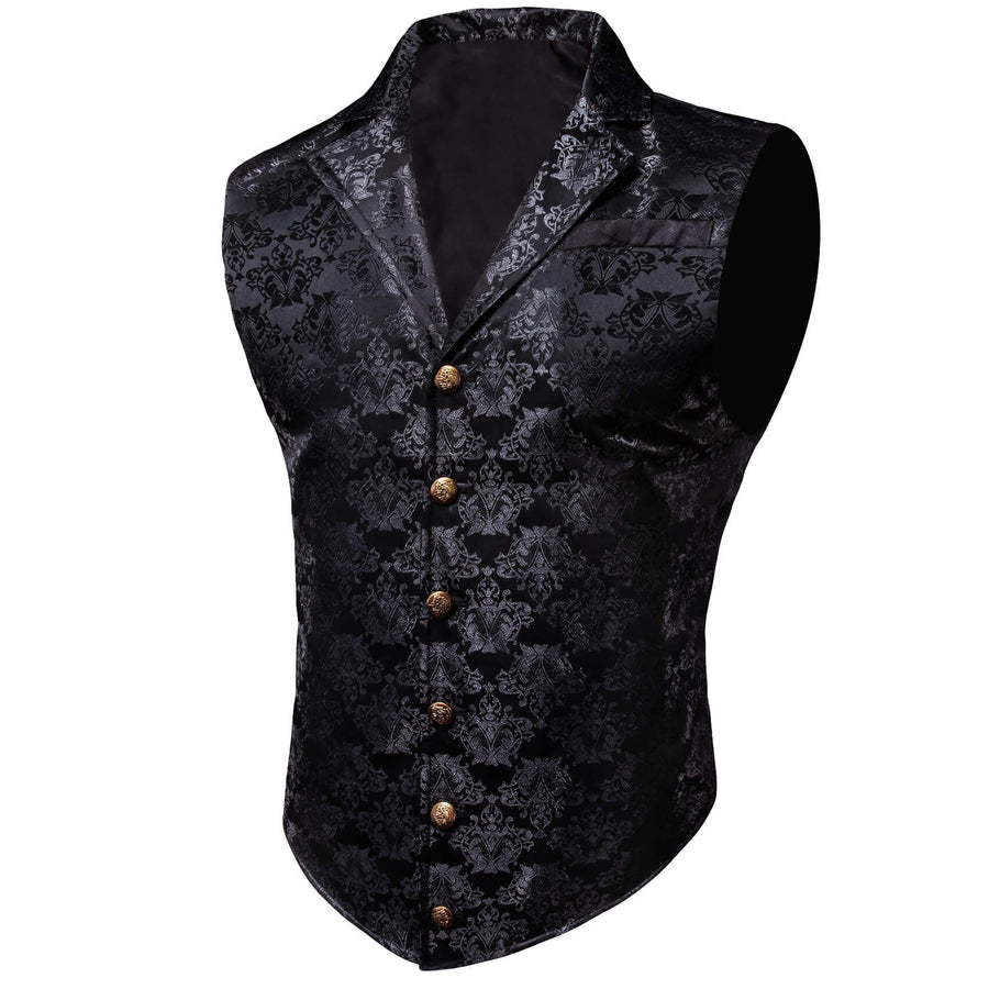 Silver Black Woven Floral Silk Waistcoat Suit Vest Set vest set - Sophisticated Gentlemen