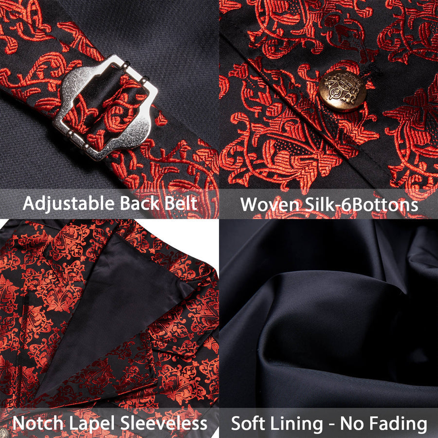 Black Red Woven Floral Silk Waistcoat Suit Vest Set vest set - Sophisticated Gentlemen