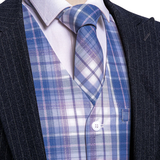 Blue and White Plaid Jacquard Vest Set - 2 Piece vest set S (Chest 40")   - Sophisticated Gentlemen